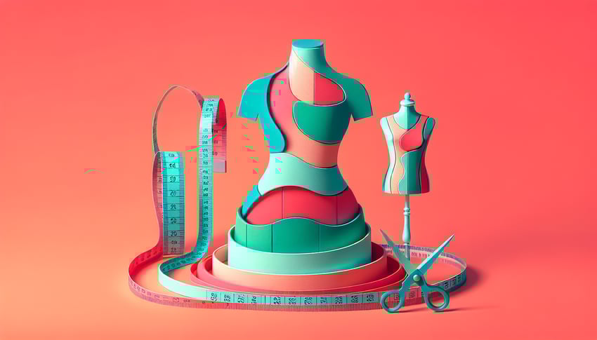 Paper art illustration depicting a body measurement form with various measurement fields and icons for an article about FormCreatorAI