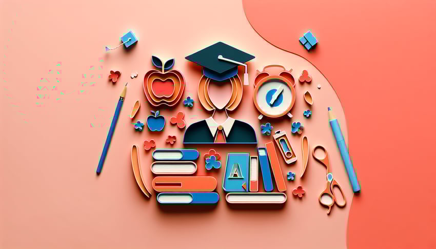 Paper art illustration featuring a teaching assistant application form and design elements for an educational theme
