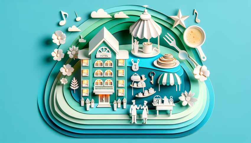 Paper art illustration featuring a hotel feedback form with stylized elements and vibrant colors for article on FormCreatorAI