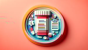 Colorful paper art illustration depicting a medication record form with medication lists and checkboxes