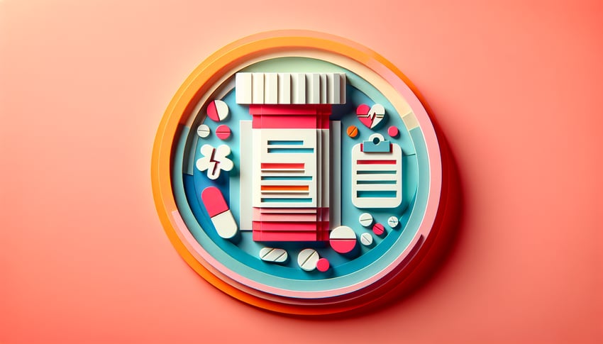 Colorful paper art illustration depicting a medication record form with medication lists and checkboxes