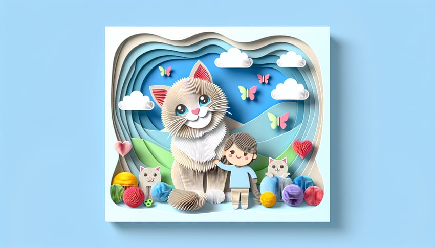 Paper art illustration featuring a kitten with an adoption form on a colorful background for an article on FormCreatorAI