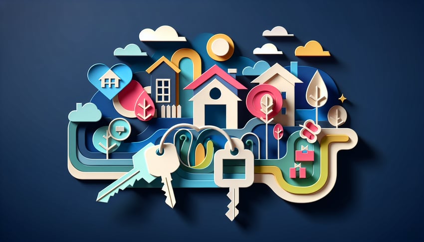 Paper art illustration depicting a real estate listing form for FormCreatorAI article