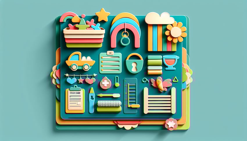Paper art illustration featuring a colorful child care registration form with creative design elements