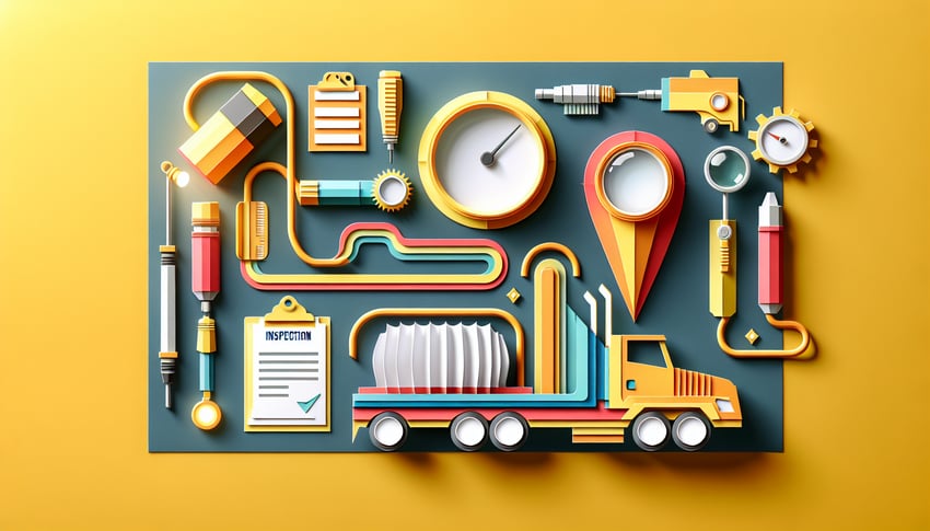 Paper art illustration depicting a truck inspection checklist with various items and a pencil on a wooden surface