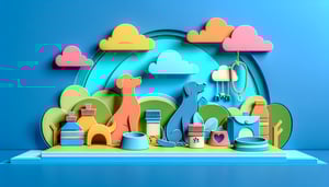 paper art illustration depicting a pet care service agreement form with pet-related icons and decorative elements