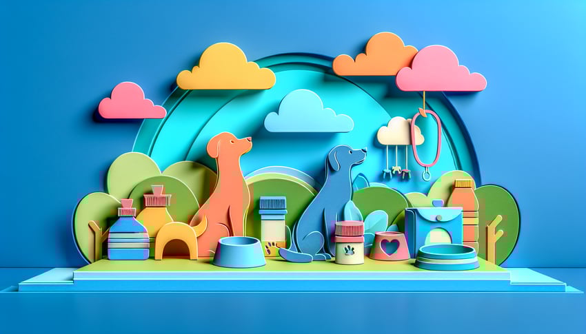 paper art illustration depicting a pet care service agreement form with pet-related icons and decorative elements