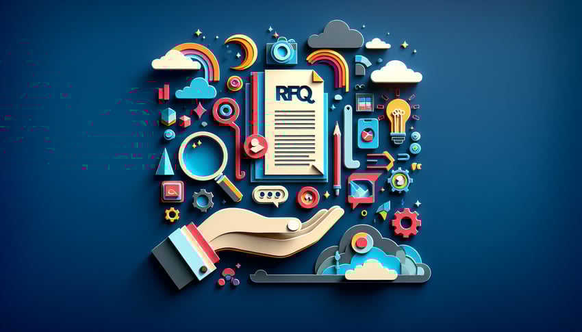 Paper art illustration showcasing a modern RFQ form template design for FormCreatorAI article