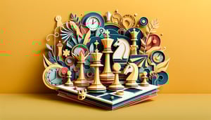 Paper art illustration featuring a chess tournament registration form with chess pieces and a strategic board design