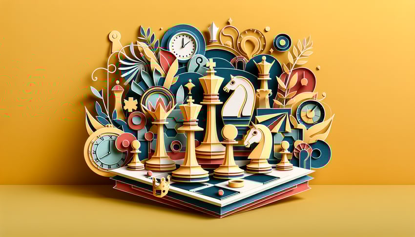 Paper art illustration featuring a chess tournament registration form with chess pieces and a strategic board design