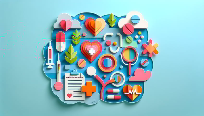 Paper art illustration depicting a medical chart review form template for FormCreatorAI article