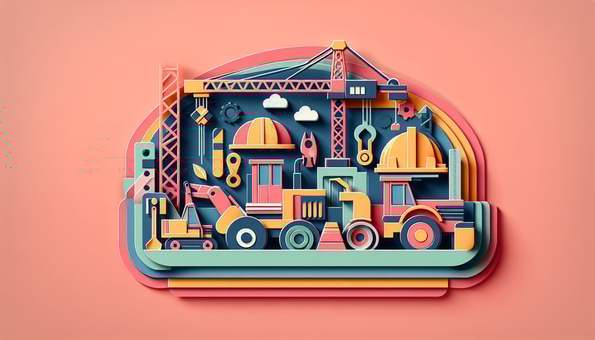 Paper art illustration showing a checklist form with heavy equipment icons for a template article on FormCreatorAI