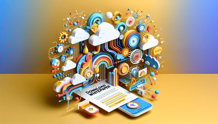 Paper art illustration depicting a whitepaper form template with a modern design and digital elements for FormCreatorAI article