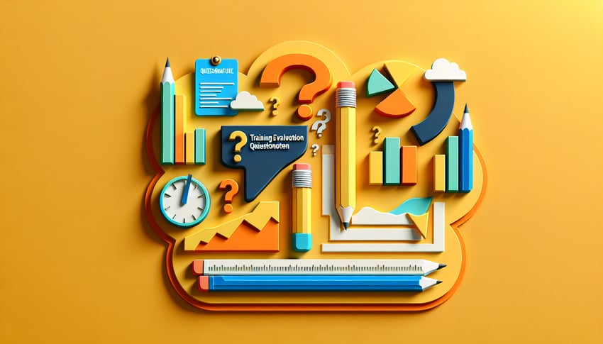 Paper art illustration depicting a training evaluation questionnaire for FormCreatorAI article