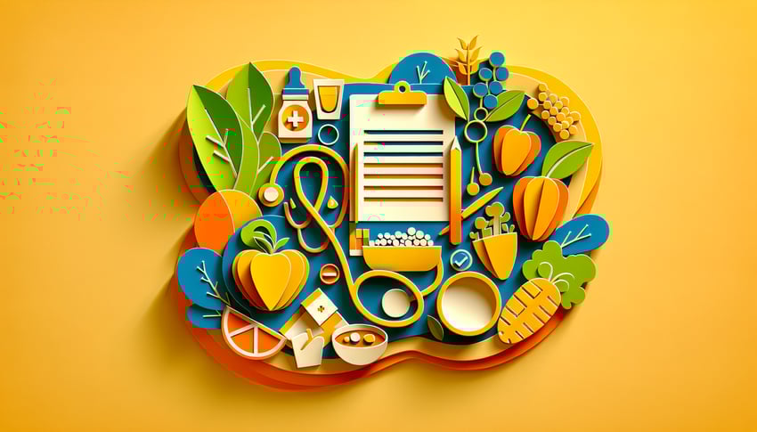 Paper art illustration depicting a nutritional assessment questionnaire form with food icons and health symbols