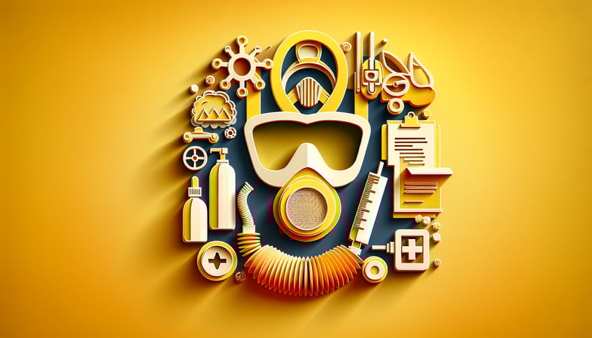 Paper art illustration depicting a respirator medical evaluation questionnaire form with an emphasis on OSHA guidelines