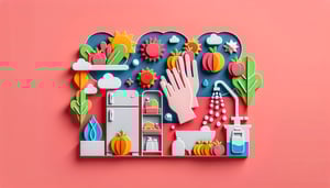 Paper art illustration depicting a food safety checklist form with various food safety items and icons