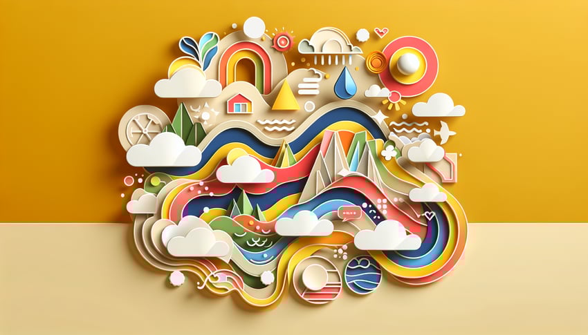 Colorful paper art illustration featuring creative project elements and design tools for a project request form.