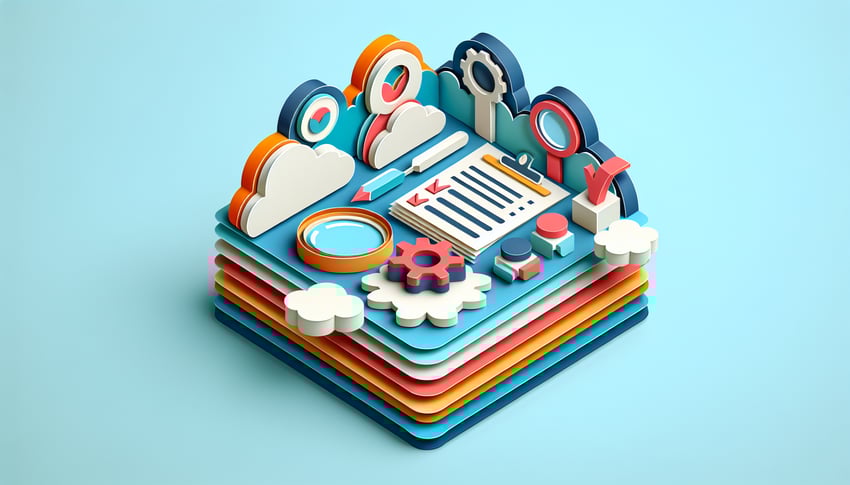 paper art illustration depicting a quality assurance check form template with various checkboxes and labels