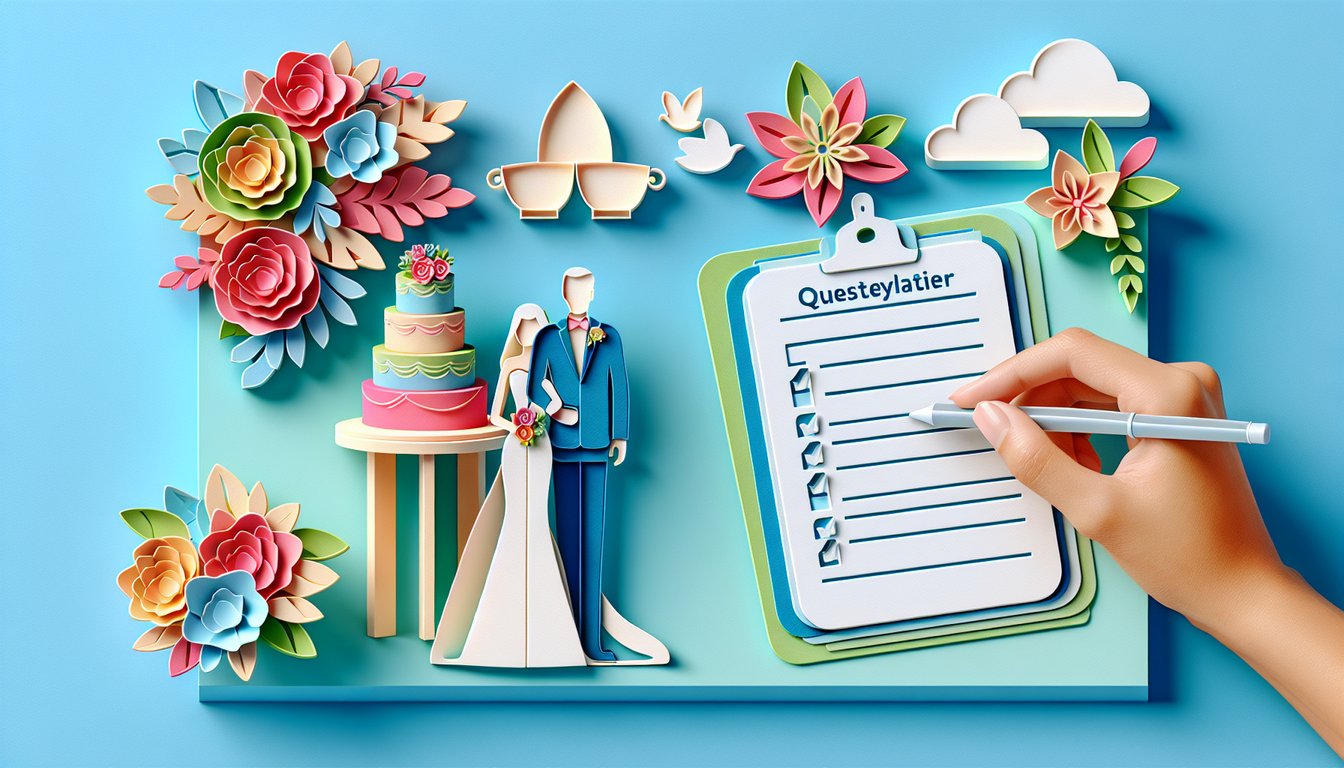 Paper art illustration representing a wedding planning questionnaire form with floral accents and a light background