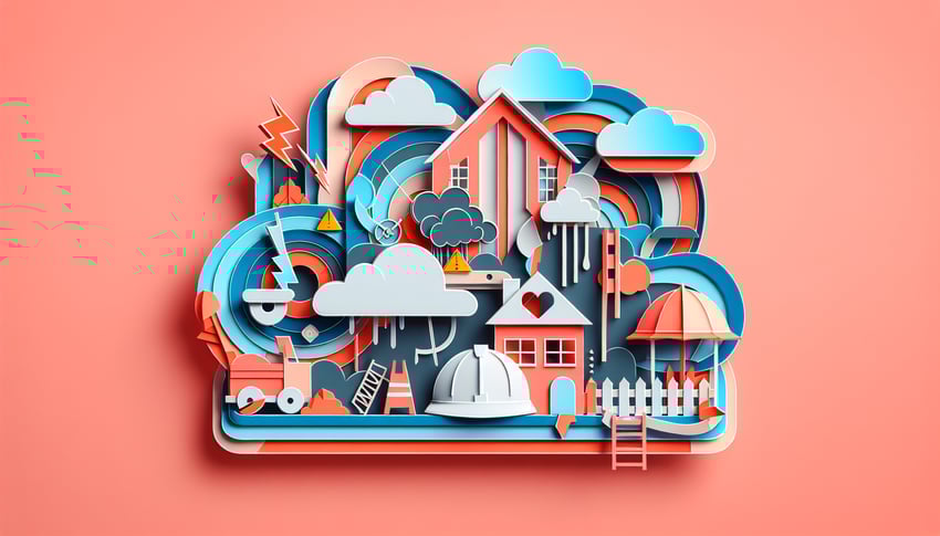 Paper art illustration depicting a property damage report form for an article on FormCreatorAI