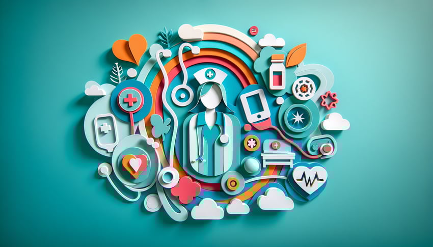 Paper art illustration featuring a nursing assessment form with detailed sections and headings, emphasizing healthcare documentation.