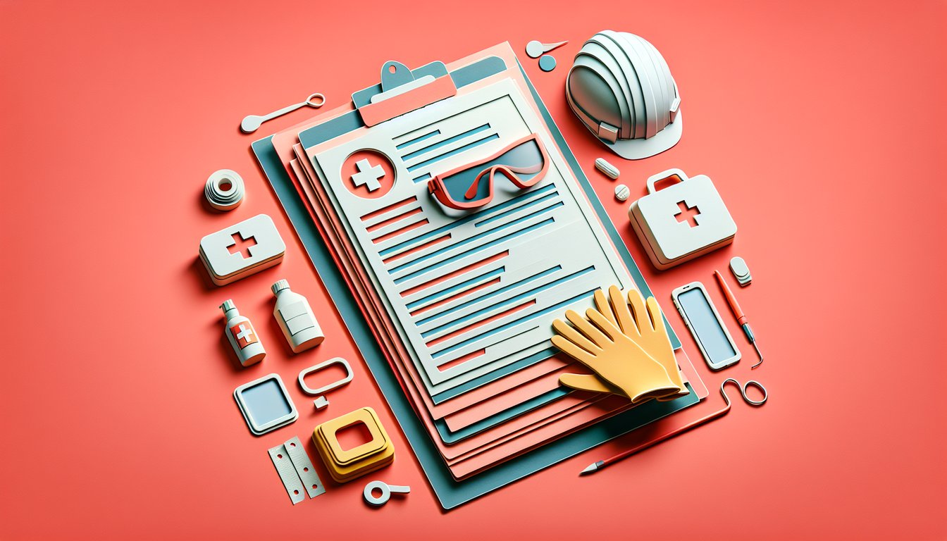 Paper art illustration depicting an occupational health and safety questionnaire form template with design elements.