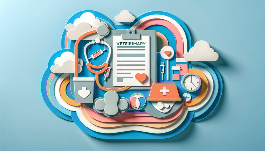 Paper art illustration depicting a veterinary intake form for a digital template article.