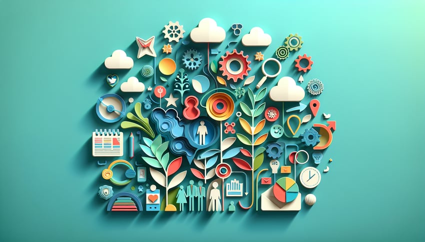 Paper art illustration depicting a manager effectiveness survey form design for FormCreatorAI article