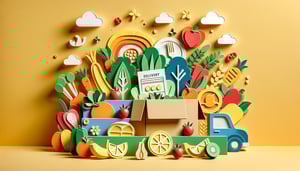 Paper art illustration depicting a meal kit delivery order form with various food items and ingredients styled creatively