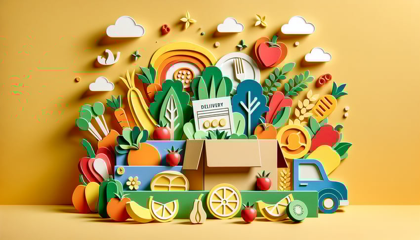 Paper art illustration depicting a meal kit delivery order form with various food items and ingredients styled creatively