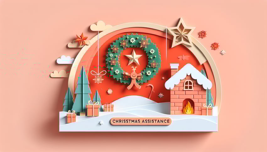 Paper art illustration depicting a Christmas scene with holiday elements related to an assistance application form.