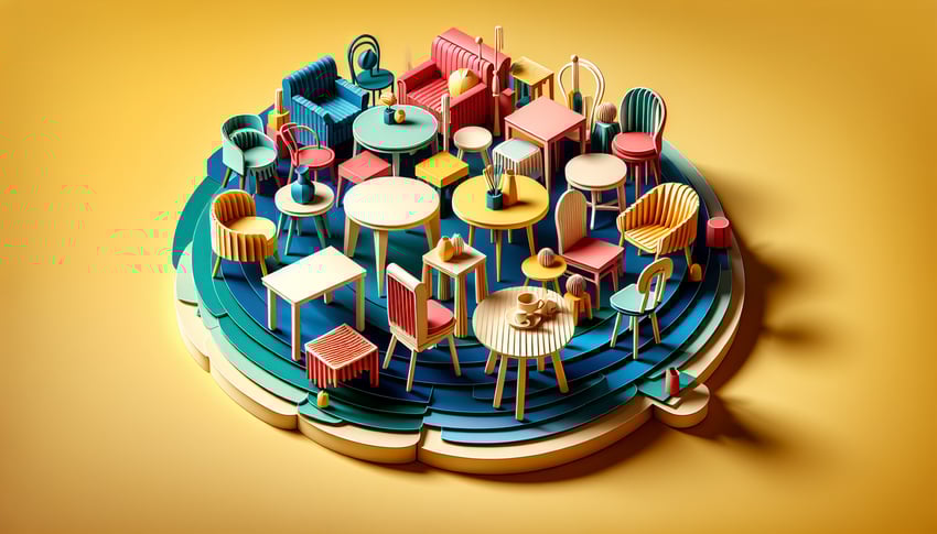 Colorful paper art illustration depicting a table and chair rental agreement form with design elements and professional layout