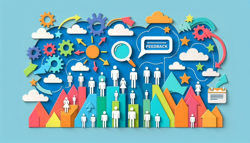 Paper art illustration depicting a leadership feedback form for the FormCreatorAI article.
