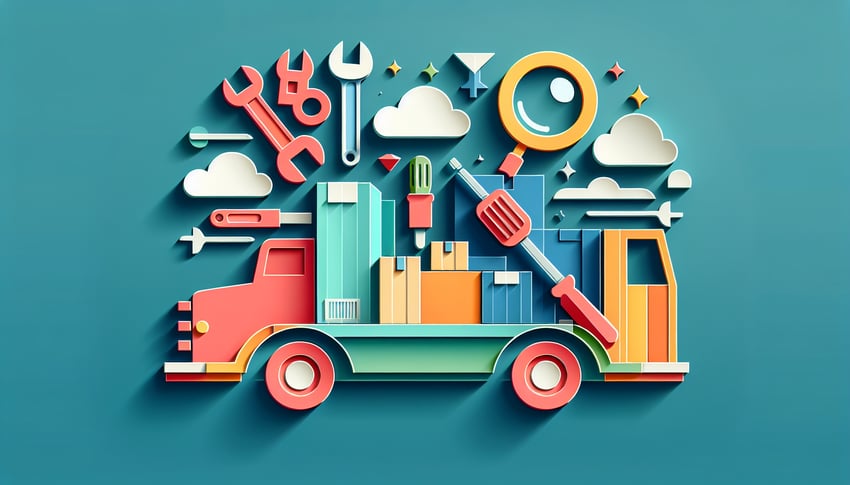 Paper art illustration depicting a box truck with an inspection form layout and checklist elements.