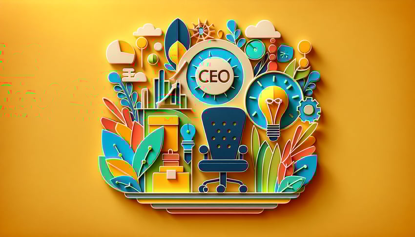 Paper art illustration depicting a CEO job application form with design elements for an article on FormCreatorAI
