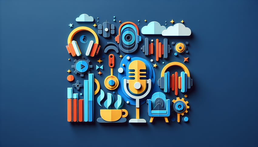 Colorful paper art illustration showcasing a podcast guest form template and digital design elements.
