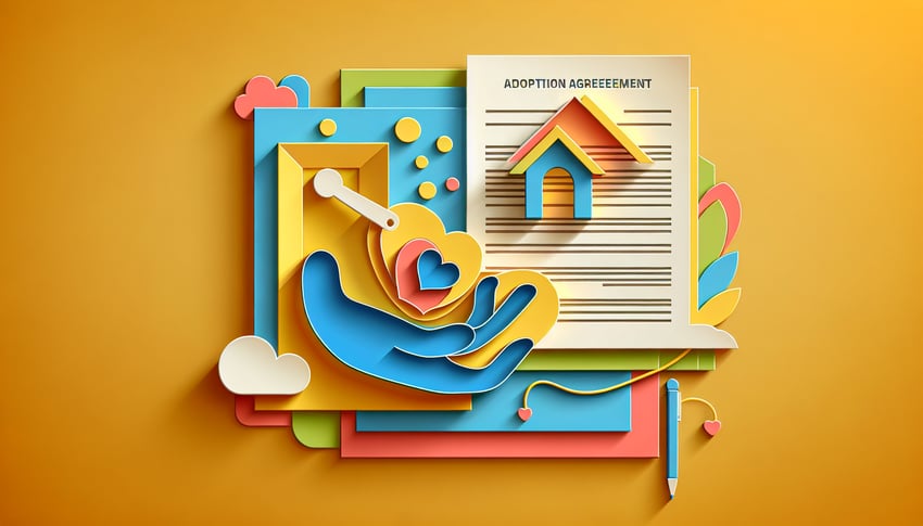 Paper art illustration depicting an adoption agreement form for FormCreatorAI article
