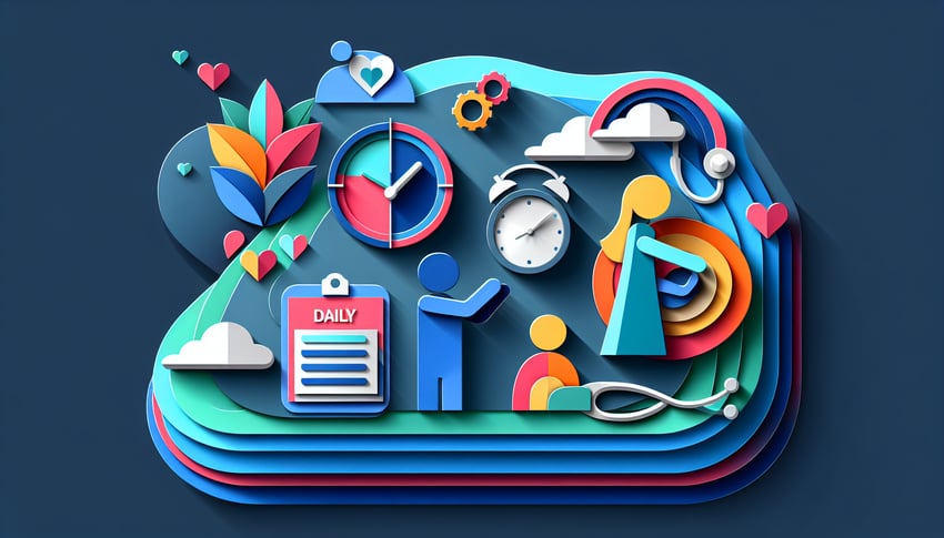Paper art illustration depicting a caregiver daily log form with writing materials for an article on FormCreatorAI
