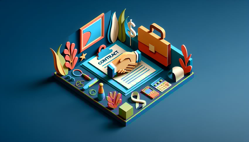 Paper art illustration depicting an employment contract form with design elements related to FormCreatorAI