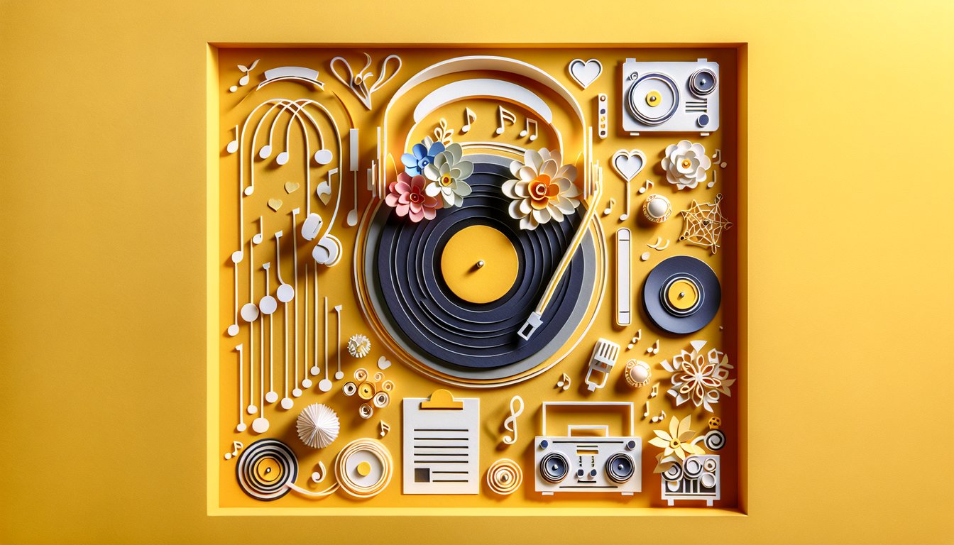 Paper art illustration showcasing a wedding DJ questionnaire form template for event planning purposes.