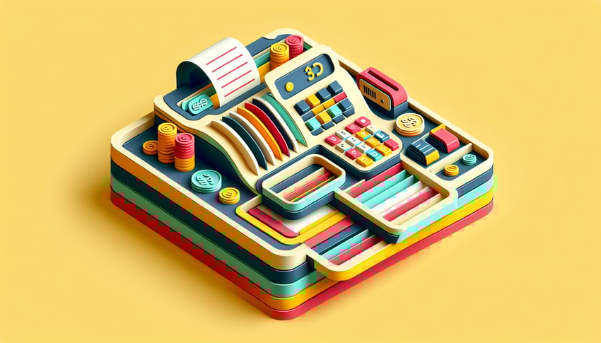 Paper art illustration representing a cash register form template for FormCreatorAI article