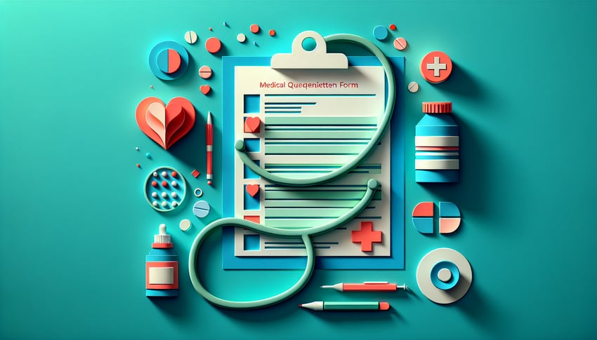 Paper art illustration depicting a medical questionnaire form for FormCreatorAI article.