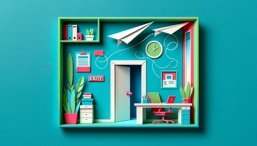 Paper art illustration featuring an exit interview form with a pen, conveying the concept of employee feedback and transitions