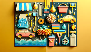 Paper art illustration featuring a vehicle cleaning checklist template and related tools for vehicle maintenance.