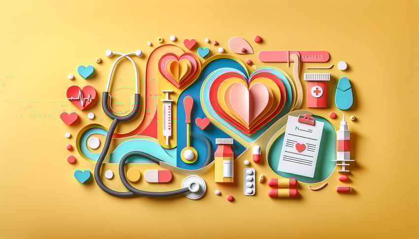 paper art illustration depicting a medical physical exam form template with health-related icons and text elements