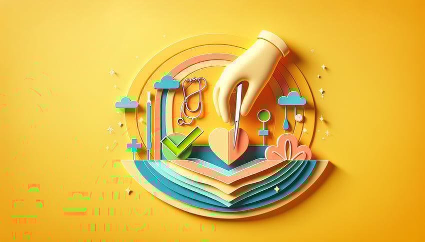 Paper art illustration depicting a surgery informed consent form with medical symbols and a pen