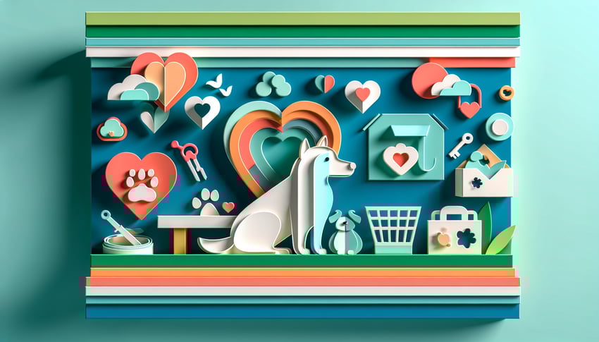 Paper art illustration featuring a dog adoption application form with a friendly dog and colorful design elements.