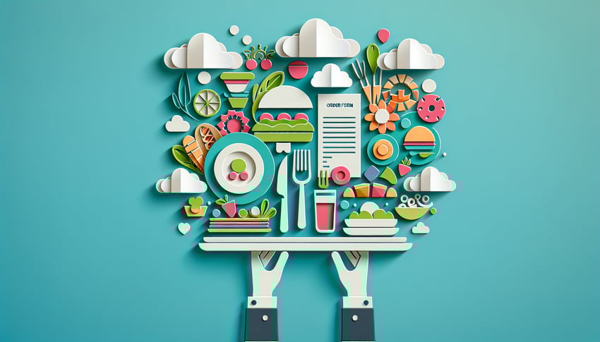 Paper art illustration featuring a menu order form template for FormCreatorAI article