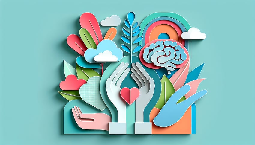 paper art illustration featuring a mental health assessment form with various sections and checkboxes